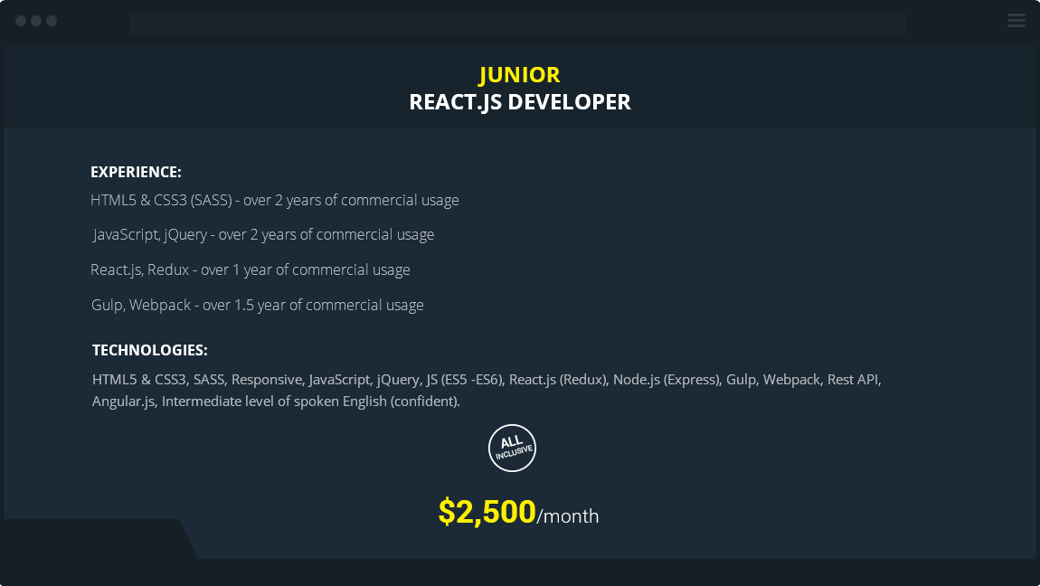 junior react developer for hire