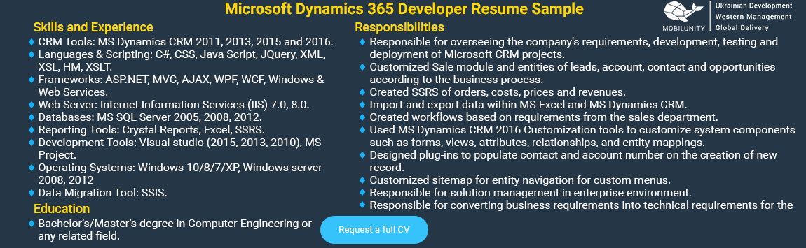 microsoft dynamics 365 developer resume sample