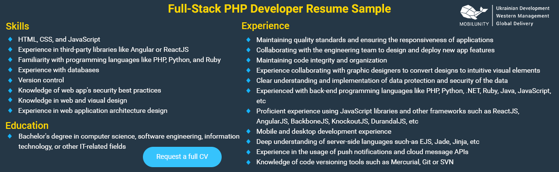 full stack developer php resume sample