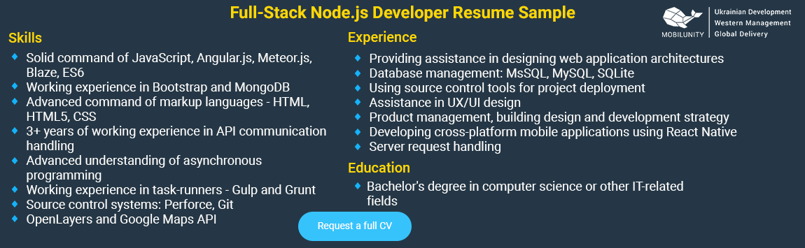 sample of full stack developer resume with node.js