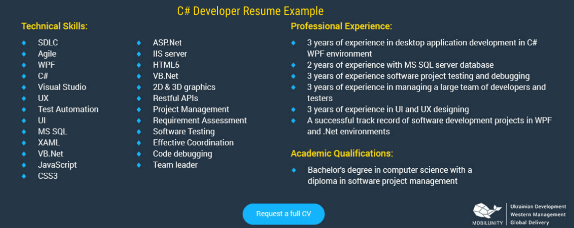 C# developer resume example