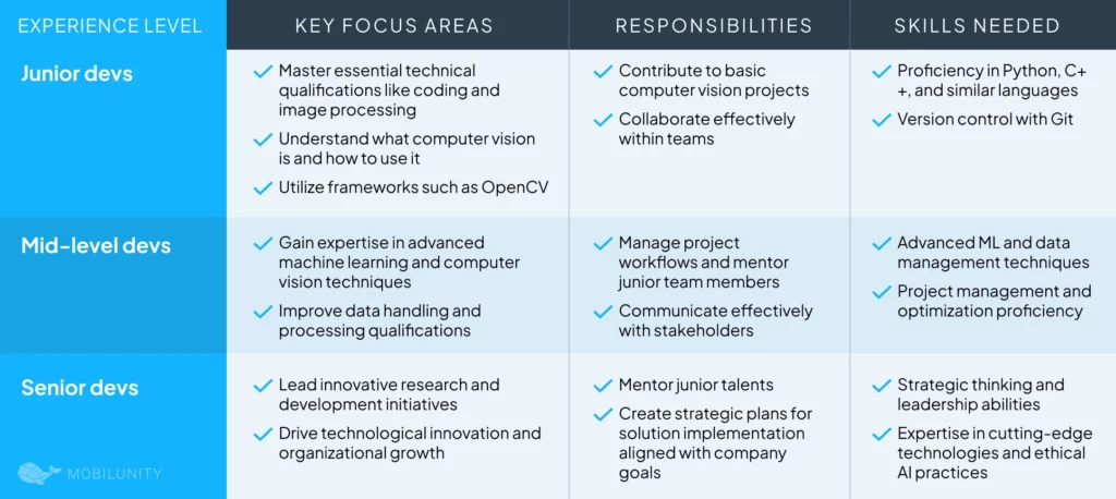 Duties and knowledge of junior, middle, and senior CV engineers