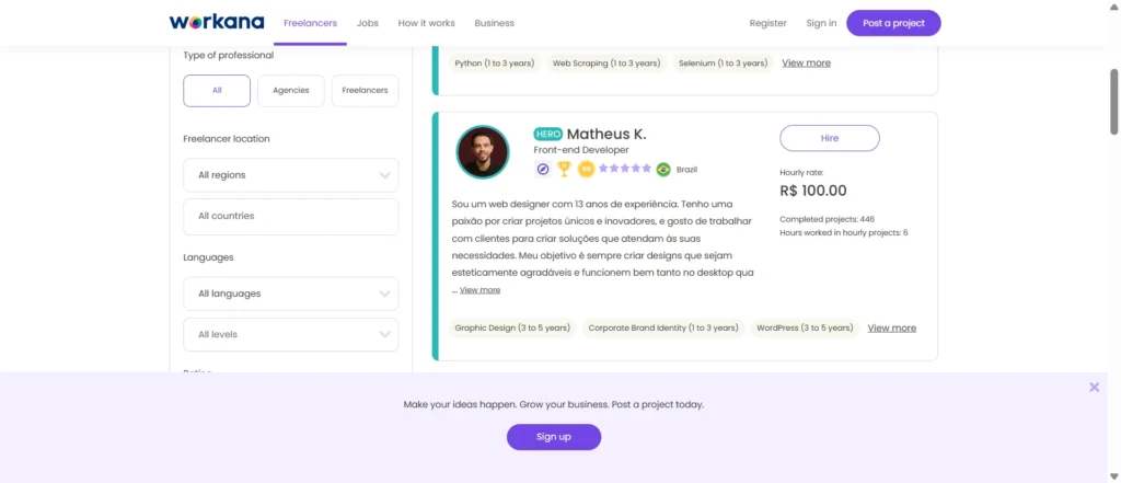Workana platform for hiring freelance software developers