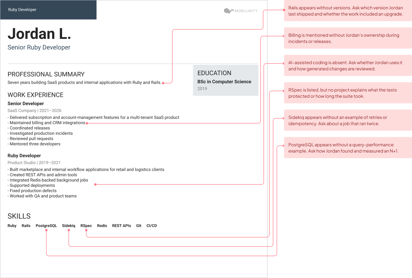 ruby on rails developer cv red flags