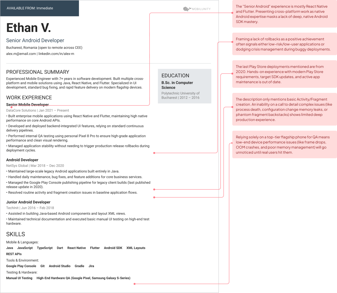 examples of red flags in android developer cv
